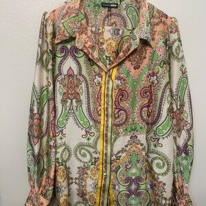 Fashion Nova Paisley Button-Up Shirt & Pant in Pastel Green, Peach & Yellow Trim